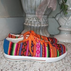 Inkkas Orange/Multi Stripe & Diamond Patterned Low Top Sneaker Handmade In Peru